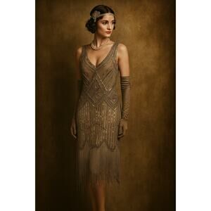 Fundaisy Womens L Flap Dress Silver Fringe Sequins 1920s Great Gatsby